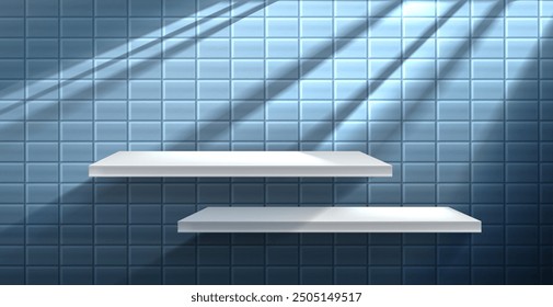 White shelf on blue tile wall with shadow from window. Realistic 3d vector illustration of bathroom or kitchen interior with product podium. Display platform or showcase pedestal with ceramic plate.