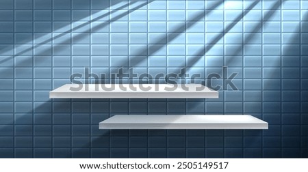White shelf on blue tile wall with shadow from window. Realistic 3d vector illustration of bathroom or kitchen interior with product podium. Display platform or showcase pedestal with ceramic plate.