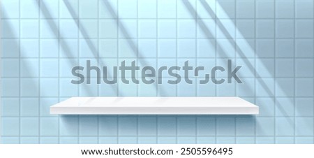 White shelf on blue tile wall with shadow from window. Realistic 3d vector illustration of bathroom or kitchen interior with product podium. Display platform or showcase pedestal with ceramic plate.