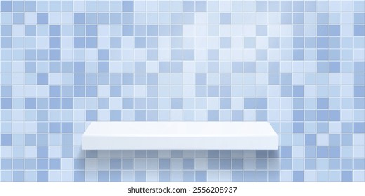 White shelf on mosaic white blue tile background. Bathroom, kitchen or pool interior for product display. Realistic 3d vector illustration.