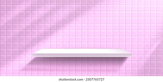 White shelf on pink tiled wall background. Vector realistic illustration of bathroom or kitchen interior design, cosmetic product presentation display, sunlight on mosaic backdrop, modern showroom