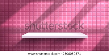 White shelf on pink tiled wall background. Vector realistic illustration of bathroom or kitchen interior design, cosmetic product presentation display, sunlight on mosaic backdrop, modern showroom