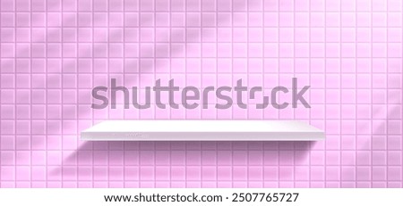 White shelf on pink tiled wall background. Vector realistic illustration of bathroom or kitchen interior design, cosmetic product presentation display, sunlight on mosaic backdrop, modern showroom
