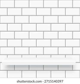 Estante blanco en la pared. Interior de baño o cocina con podio de producto. Vector
