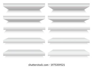White shelves. White empty room. Interior design. Graphic design. Front view. Stock image. Vector illustration. EPS 10.