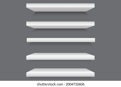 White shelves. White empty room. Interior design. Graphic design. Front view. Stock image. Vector illustration.