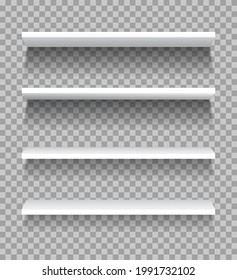 White shelves. Empty showcase display, product shelving for exhibitions. Realistic bookshelf rack, supermarket store shelf vector mockup. 3d furniture for selling products in retail shop
