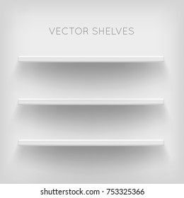 White shelves on white background. Realistic, voluminous racks with a shadow. Vector illustrations of empty store stand in the supermarket, front view