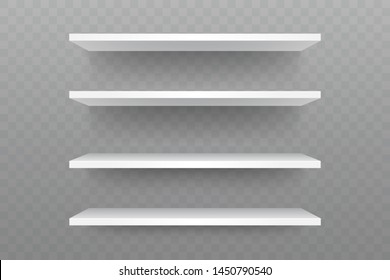 White shelves on the wall. Empty shop shelf with falling shadow. Product shelves isolated on transparent background. Blank showcase mock up. Interior element for bookstore or supermarket.