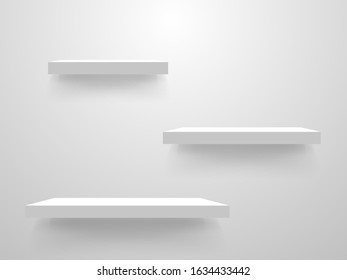 White shelves on a wall mockup. Empty shelf template on light background. Clean bookshelf collection. Realistic store shelves. Home interior design. Vector illustration.