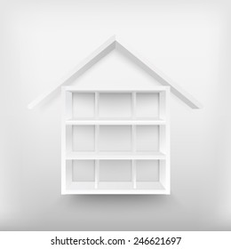 White shelves on the wall in the shape of home.