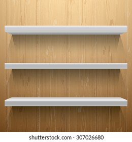 White shelves on wood background with light from the top