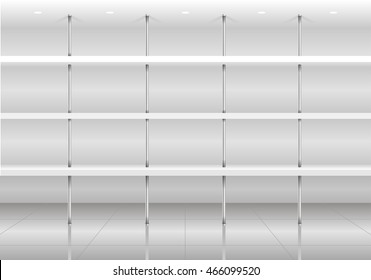 White shelves for the store or supermarket goods with chrome studs. Vector graphics