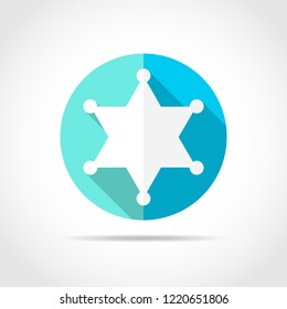 White Sheriff star in flat design with long shadow. Vector illustration. Sheriff star on blue round button.