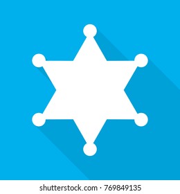 White sheriff star with long shadow on blue background. Vector illustration. Sheriff star in flat design