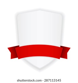 white shield banner with red ribbon