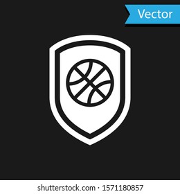 White Shield in the basketball ball inside icon isolated on black background.  Vector Illustration