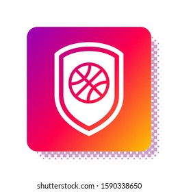 White Shield in the basketball ball inside icon isolated on white background. Square color button. Vector Illustration