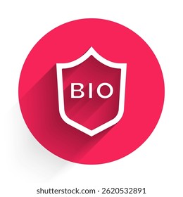 White Shield for bio green healthy food icon isolated with long shadow. Organic product. Healthy food sticker. Red circle button. Vector