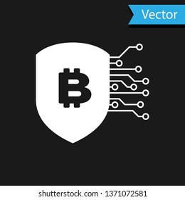 White Shield with bitcoin icon isolated on black background.  