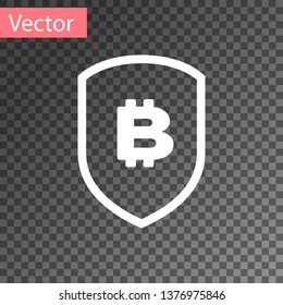 White Shield with bitcoin icon isolated on transparent background. Cryptocurrency mining, blockchain technology, bitcoin, security, protect, digital money. Vector Illustration