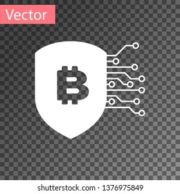 White Shield with bitcoin icon isolated on transparent background. Cryptocurrency mining, blockchain technology, bitcoin, security, protect, digital money. Vector Illustration