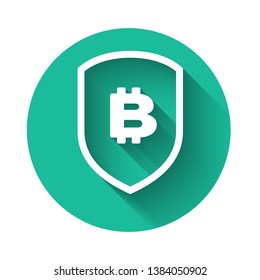 White Shield with bitcoin icon isolated with long shadow. Cryptocurrency mining, blockchain technology, bitcoin, security, protect, digital money. Green circle button. Vector Illustration
