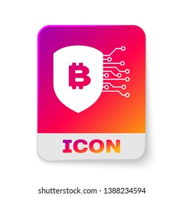 White Shield with bitcoin icon isolated on white background. Cryptocurrency mining, blockchain technology, bitcoin, security, protect, digital money. Rectangle color button. Vector Illustration