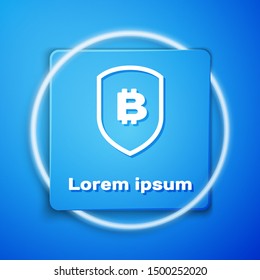 White Shield with bitcoin icon isolated on blue background. Cryptocurrency mining, blockchain technology, security, protect, digital money. Blue square button. Vector Illustration