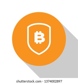 White Shield with bitcoin icon on white background. Cryptocurrency mining, blockchain technology, bitcoin, security, protect, digital money. Orange circle button. Flat design. Vector Illustration