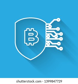 White Shield with bitcoin line icon isolated with long shadow. Cryptocurrency mining, blockchain technology, bitcoin, security, protect, digital money. Vector Illustration