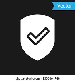 White Shield with check mark icon isolated on black background. Protection symbol. Security check Icon. Tick mark approved icon. Vector Illustration