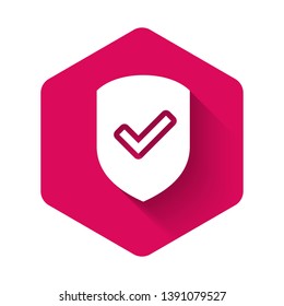 White Shield with check mark icon isolated with long shadow. Protection symbol. Security check Icon. Tick mark approved icon. Pink hexagon button. Vector Illustration