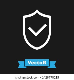 White Shield with check mark icon isolated on black background. Protection symbol. Security check Icon. Tick mark approved icon.  Vector Illustration