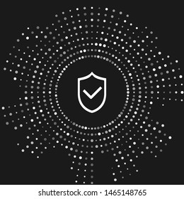 White Shield with check mark icon isolated on grey background. Protection symbol. Security check Icon. Tick mark approved icon. Abstract circle random dots. Vector Illustration