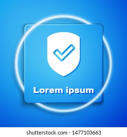 White Shield with check mark icon isolated on blue background. Protection symbol. Security check Icon. Tick mark approved icon. Blue square button. Vector Illustration