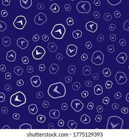 White Shield with check mark icon isolated seamless pattern on blue background. Security, safety, protection, privacy concept. Tick mark approved.  Vector Illustration