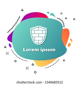 White Shield with cyber security brick wall icon isolated on white background. Data protection symbol. Firewall logo. Network protection. Abstract banner with liquid shapes. Vector Illustration
