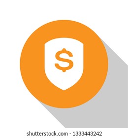 White Shield and dollar icon isolated on white background. Security shield protection. Money security concept. Orange circle button. Flat design. Vector Illustration