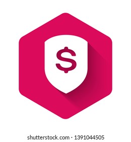 White Shield and dollar icon isolated with long shadow. Security shield protection. Money security concept. Pink hexagon button. Vector Illustration