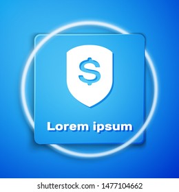 White Shield and dollar icon isolated on blue background. Security shield protection. Money security concept. Blue square button. Vector Illustration