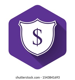 White Shield and dollar icon isolated with long shadow. Security shield protection. Money security concept. Purple hexagon button. Vector Illustration