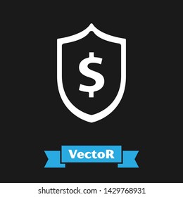 White Shield with dollar symbol icon isolated on black background. Security shield protection. Money security concept.  Vector Illustration