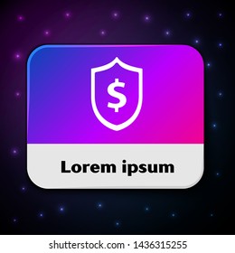 White Shield with dollar symbol icon isolated on black background. Security shield protection. Money security concept. Rectangle color button. Vector Illustration
