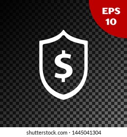 White Shield with dollar symbol icon isolated on transparent dark background. Security shield protection. Money security concept.  Vector Illustration