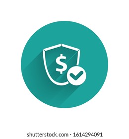 White Shield with dollar symbol icon isolated with long shadow. Security shield protection. Money security concept. Green circle button. Vector Illustration