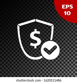 White Shield with dollar symbol icon isolated on transparent dark background. Security shield protection. Money security concept.  Vector Illustration