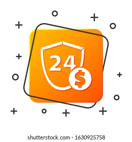 White Shield with dollar symbol icon isolated on white background. Security shield protection. Money security concept. Orange square button. Vector Illustration