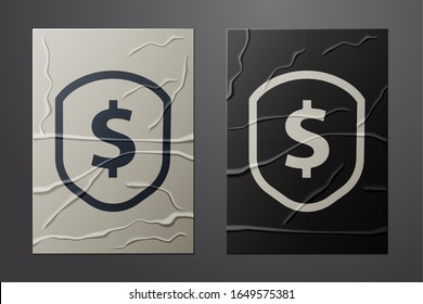 White Shield with dollar symbol icon isolated on crumpled paper background. Security shield protection. Money security concept. Paper art style. Vector Illustration