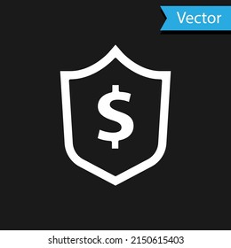 Weißer Schild mit Dollar Symbol einzeln auf schwarzem Hintergrund. Schutz des Sicherheitsschilds. Konzept der Geldsicherheit. Vektorgrafik